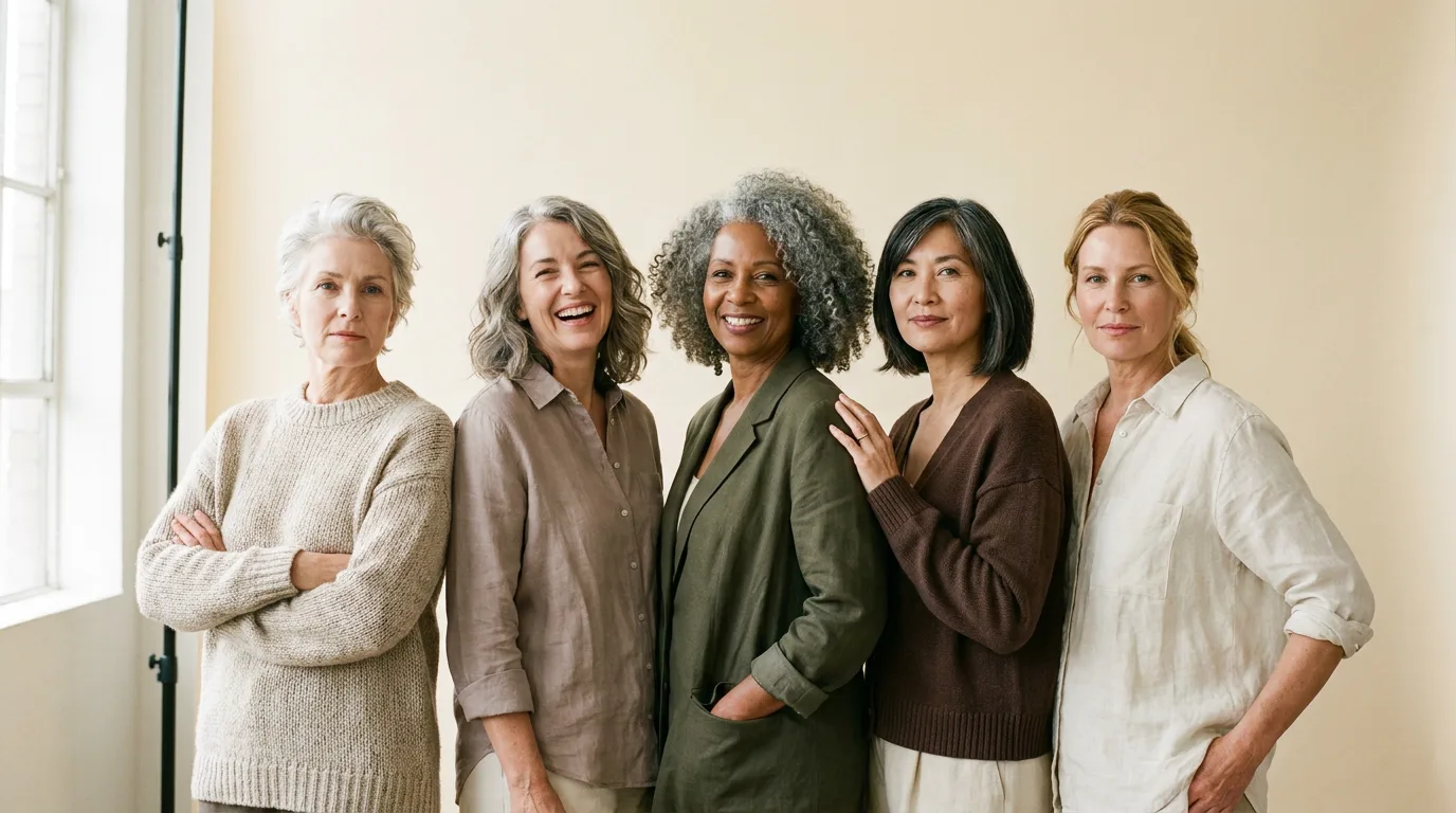 Five smiling women in their fifties and sixties standing together